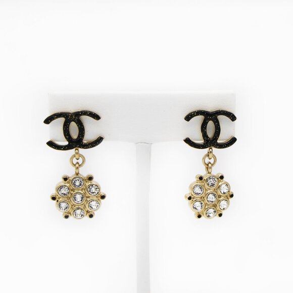 CHANEL Black and Gold Metal Crystal CC Drop Flower Earrings - Picture 1 of 4